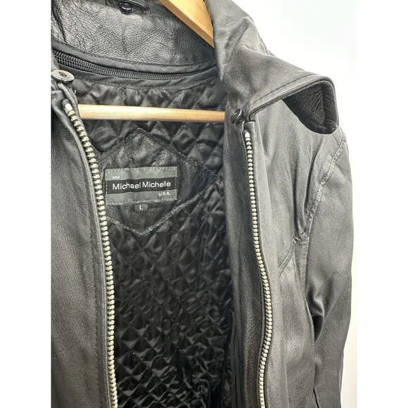 Black Leather Biker Jacket Womens Large Full Zip Quilted Lining Edgy Moto Grunge - Image 7