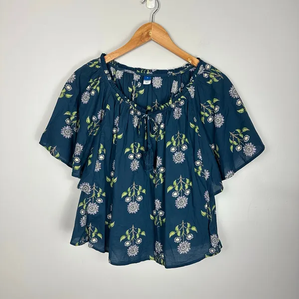 Old Navy Flutter Sleeve Tassel tie Boho Top Teal Floral Cotton Size Medium - Image 3