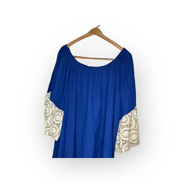Umgee‎ Navy Shift Dress Womens XL Blue Ivory Boho Crochet Lace Sleeves - Image 4