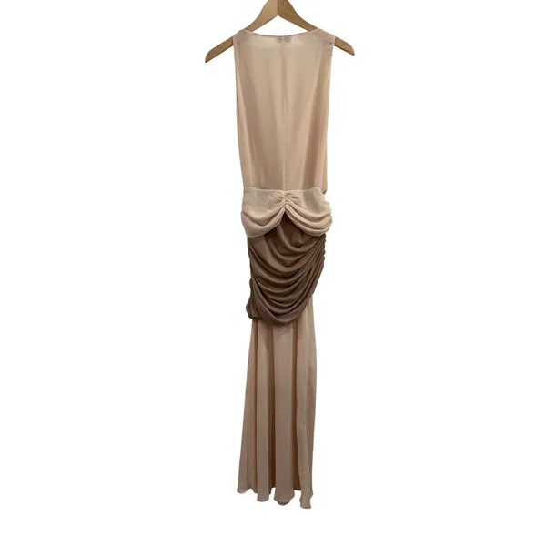 L'Academie Sleeveless Two Tone Beige Tan Chiffon Overlay Formal Evening Gown S M - Image 3