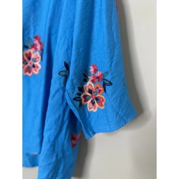 Kindred Womens Floral Embroidered Button Up Shirt Top Size‎ 1X Boho Blue Cottage - Image 2