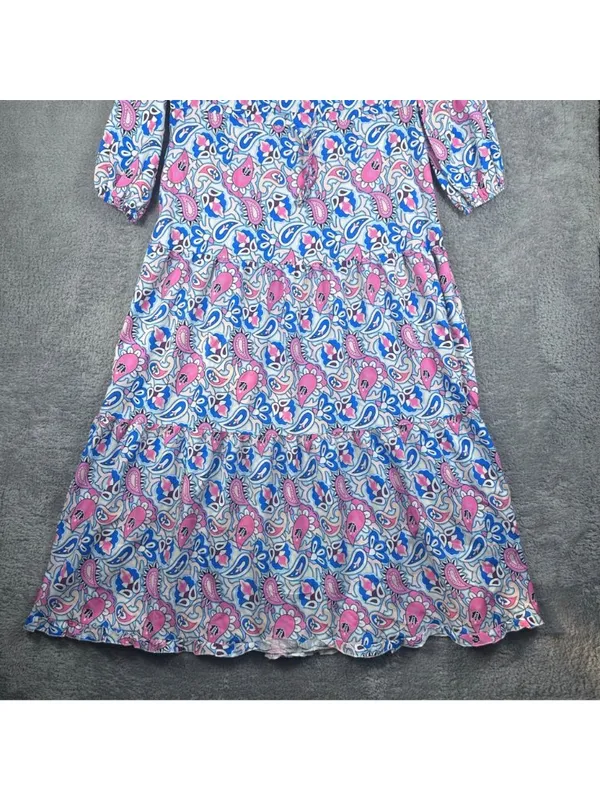 V-Neck Paisley Print Maxi Dress With Long Sleeves Pink & Blue Lightweight Fabric - Image 7