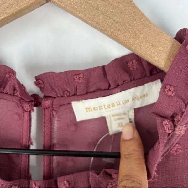 Monteau Purple Sheer Swiss Dot Ruffle Neck 3/4 Sleeve Peplum Blouse NWT‎ XL - Image 3