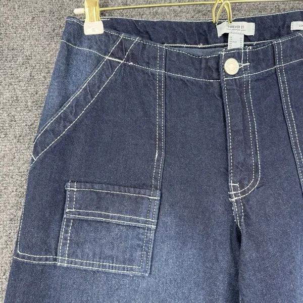Forever 21 Wide Leg Jeans Womens Sz 27 Dark Wash Contrast Stitch Low Rise Boho - Image 3