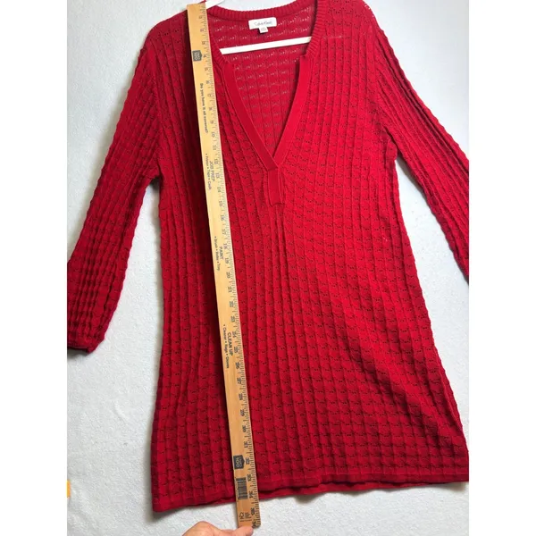 Calvin Klein Red Pointelle Knit V-Neck Sweater Dress Large - Image 8