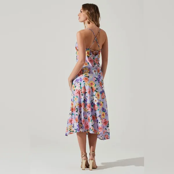 ASTR Gaia Draped Collar Satin Midi Dress in Periwinkle Floral Size Small NWT - Image 9
