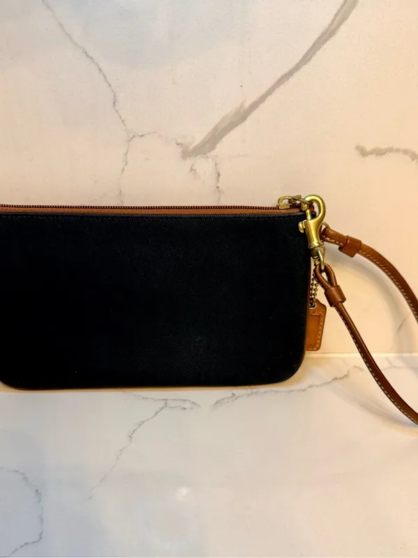 Vintage Coach Black Fabric & Tan Leather Turn-lock Wristlet Pouch - Image 4