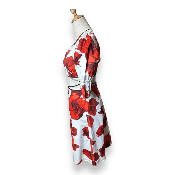 Autumn Adeigbo Mini Dress Womens 2 Gisele Red White‎ Floral Cutout Puff Sleeve - Image 2