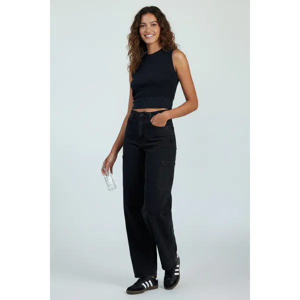 Tinseltown Juniors Cargo Jeans Size 0 Black High Rise Baggy Wide Leg Denim - Image 7