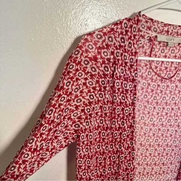 Loft Womens SIze XS Open Duster Cardigan Thin Semi-Sheer Red White Purple Floral - Image 6