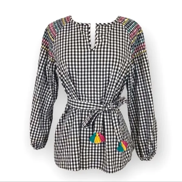 Madewell Smocked Black & White Checkered Gingham Tassel Top with Embroidery S - Image 11