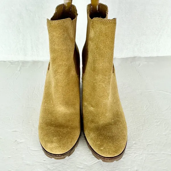 Tory Burch Stafford Suede Ankle Boots Size 8 Tan Beige Pull On Wood Block Heel - Image 5