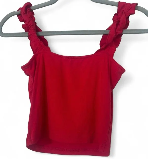 Amazon CLOZOZ Women’s Red Ribbed Crop Tank Top – Size Small, Ruffle Strap & Square Neck - Image 2
