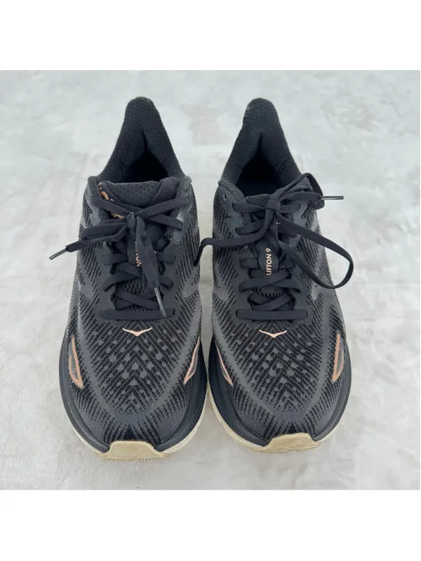 Hoka Women’s Clifton 9 Athletic Shoes Sneakers Black Rose Gold Size 8.5B READ - Image 3