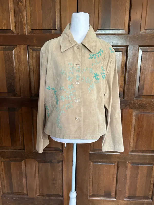 Coldwater Creek Women's L Tan‎ Genuine Suede 100% Leather Jacket Floral Applique - Image 2