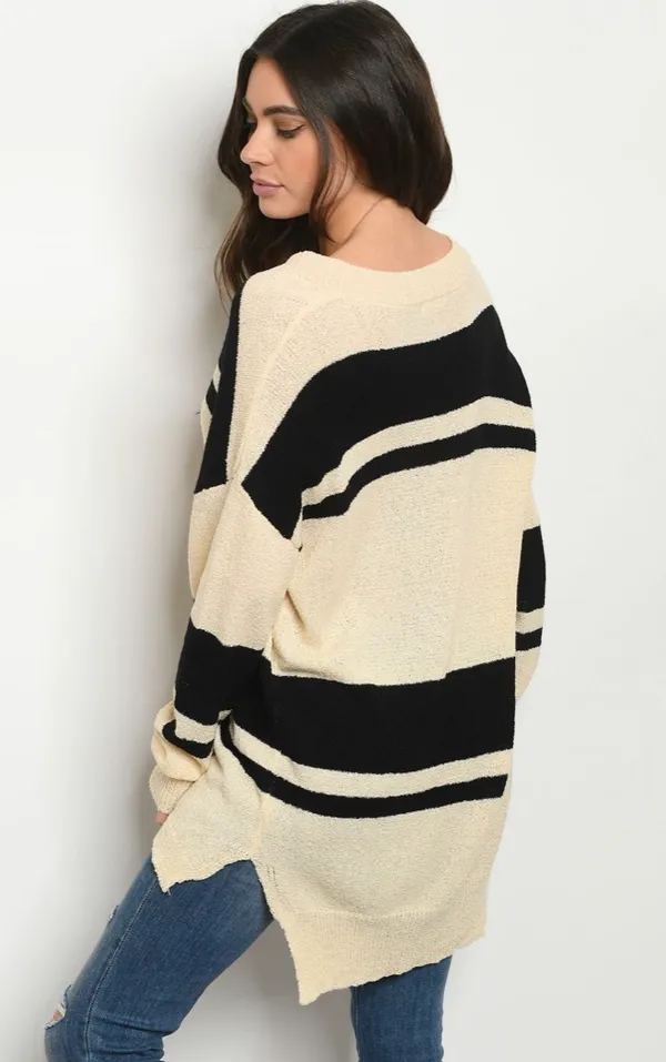 Cream And Black Striped Sweater M - Image 2