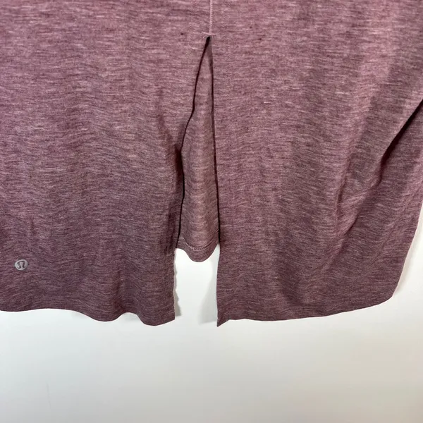 Lululemon‎ Open Back Split Hem Workout Top Heathered Plum Purple Short Sleeve - Image 6