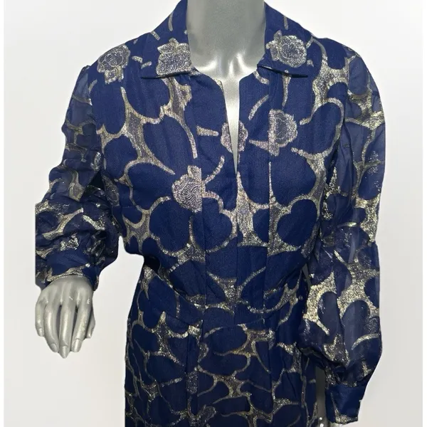 VTG CLIFTON WILHITE 18 Blue Metallic Floral Long Sleeve Gown Couture Dress - Image 7