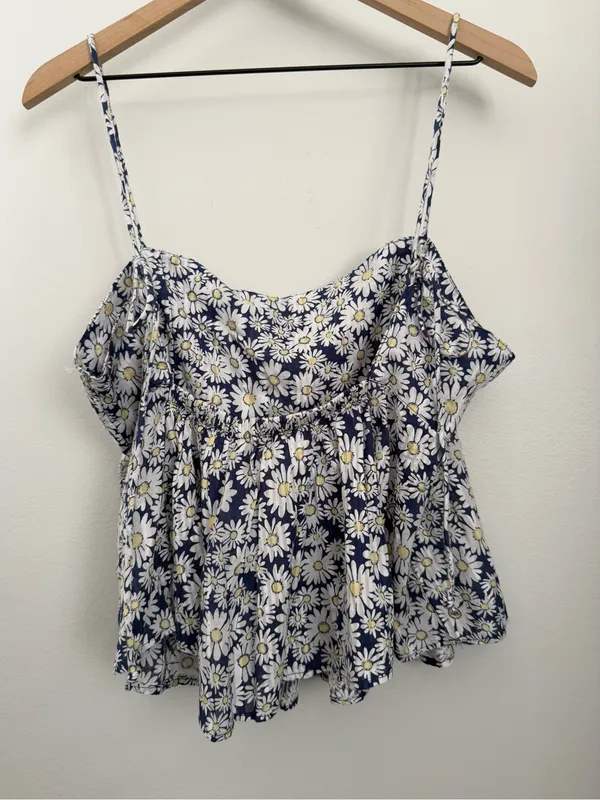 Free People XL Mia Cami Top Navy White Floral Babydoll Relaxed Boho Flowy - Image 3