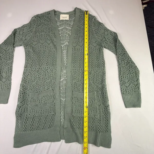 Pink Rose Sage Green Open Knit Longline Cardigan Duster with Pockets - Image 3
