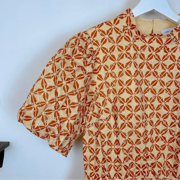 Lost + Wander Golden Dawn Orange Geometric Print Puff Sleeve Mini Dress Size S - Image 3
