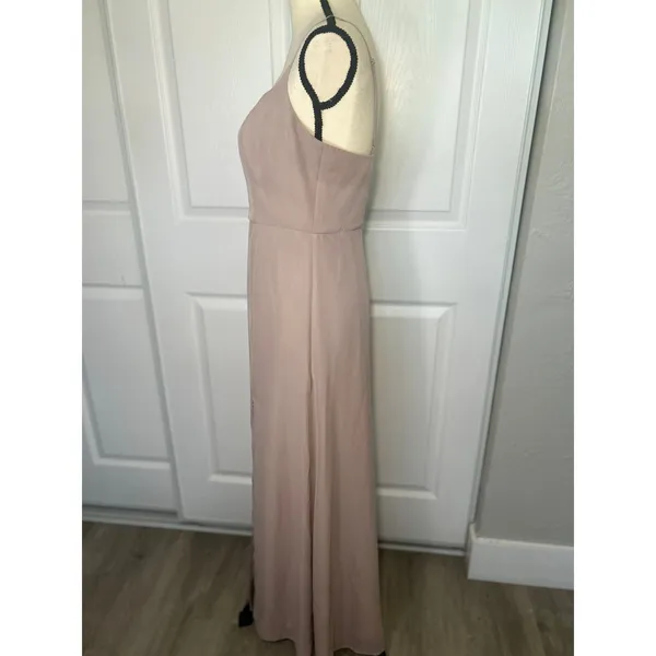 Birdy Grey Amy Chiffon Bridesmaid Dress Almond Taupe Slit Spaghetti Medium‎ - Image 5