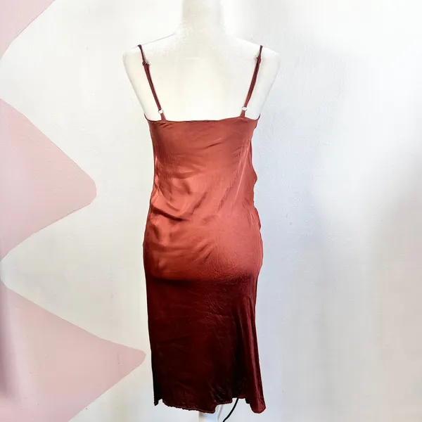 Stark X Brown Satin Midi Dress Sz XS‎ Feminine Romantic Going Out Lola Dress - Image 2
