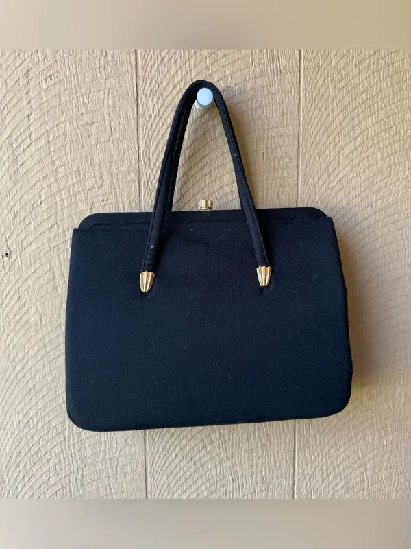 Vintage 1950s Black Structured Top Handle Bag Gold Hardware - Image 2