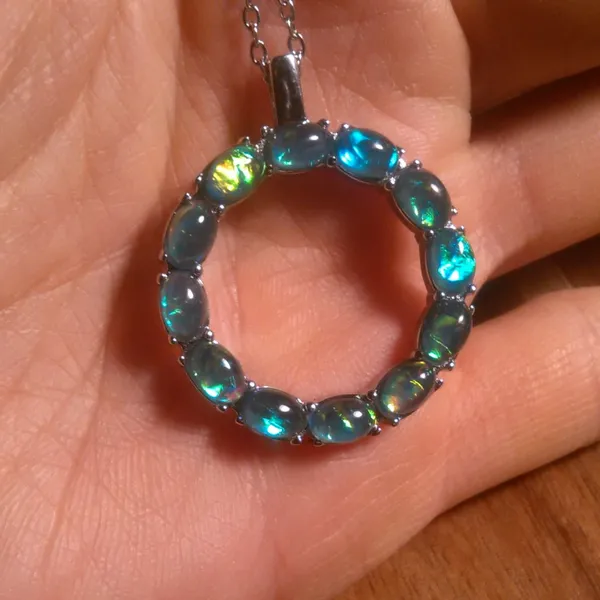 Green Color Simulated Opal Resin Stainless Steel Pendant Necklace - Image 9