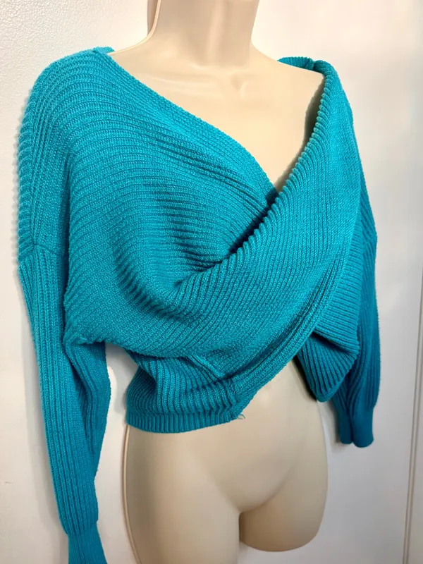 SHEIN Teal Wrap Sweater XS Ribbed Knit Crossover Cropped Long Sleeve US 2 - Image 4
