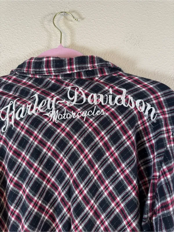 Harley Davidson Red Black Plaid Button Down Shirt Womens L Embroidered Flannel - Image 5