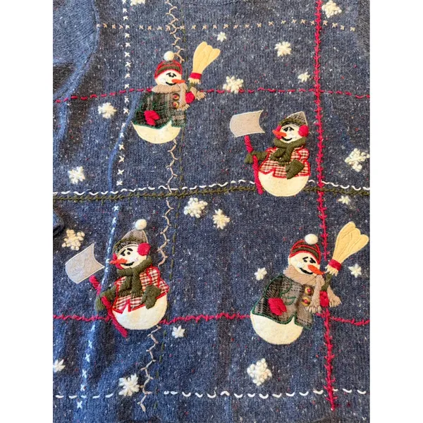 Victoria Jones Vtg‎ Snowman Embroidered Blue Angora Blend Sweater S Roll Collar - Image 3