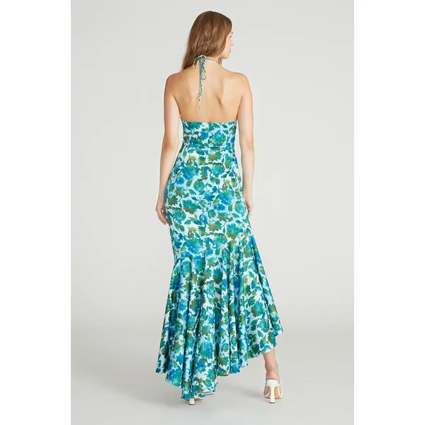 AMUR Blue Green White Edie High Low Tie Neck Floral Gown WOMENS 8 - Image 5