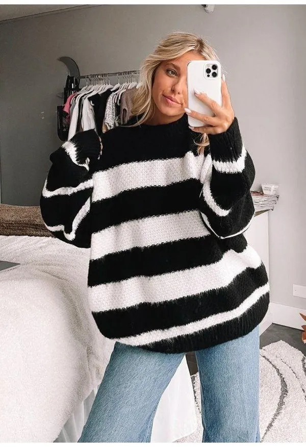 Topshop Black & White Stripe Knit Sweater - Image 2