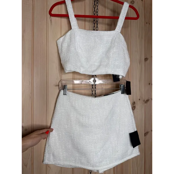 NWT Lulus Elevated Attitude White Tweed Sleeveless Two-Piece Skort Romper Size S - Image 2