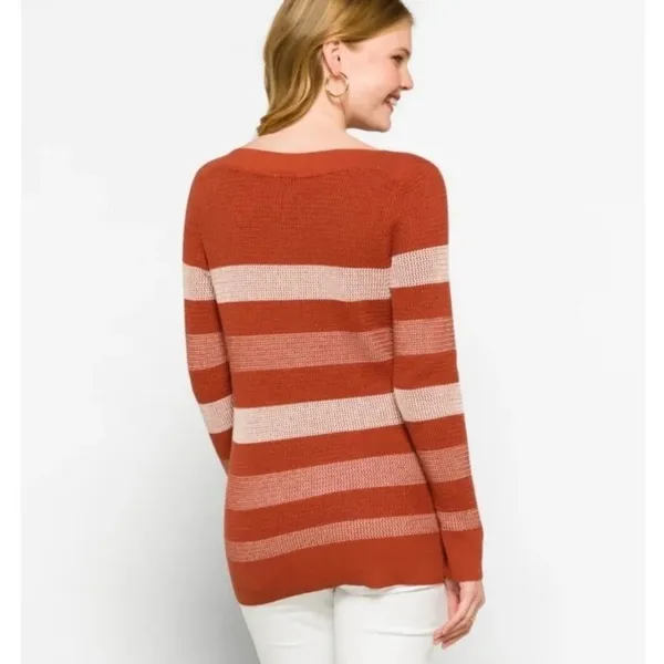 Market & Spruce Tawnee Cotton Blend Rust‎ & White Stripe Waffle Sweater Sz L NEW - Image 3
