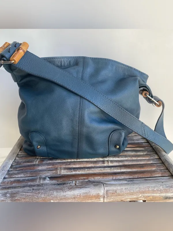 Stone Mountain Osprey blue leather bucket bag shoulder bag bamboo buckles Fall - Image 11