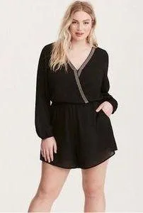 Torrid Black embellished georgette romper with pockets long sleeve never worn - Image 2