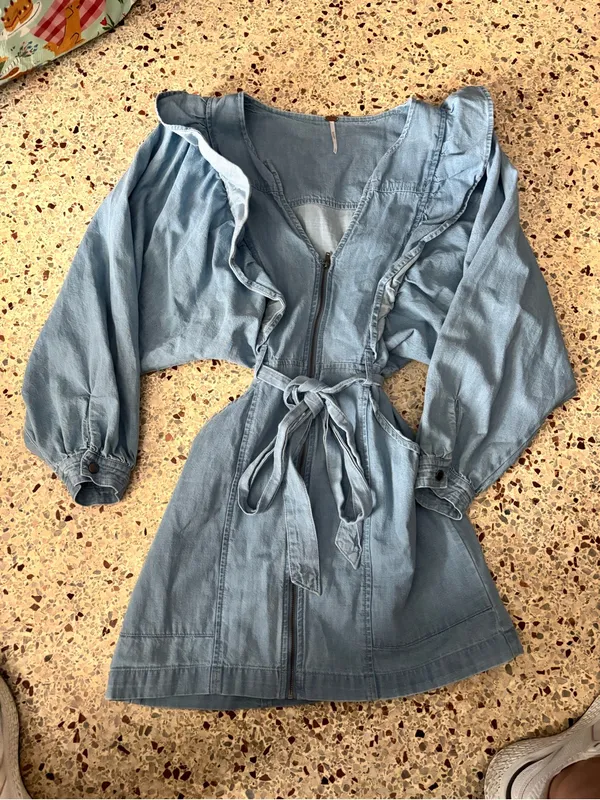 Free People Chambray Cotton Denim Mini Dress Belted Blue Front Zip SZ small - Image 6