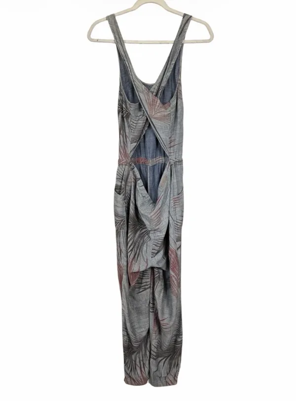 Anthropologie Level 99 Women's Sz M Jumpsuit Gray Chambray Tropical Linen Blend - Image 5