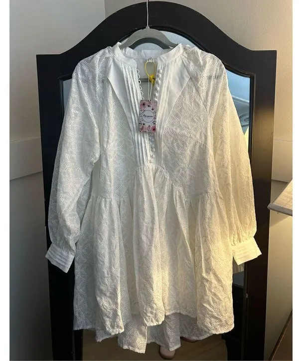 NEW White Eyelet Swing tunic Mini Dress Pockets S - Image 5