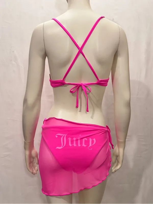 Juicy Couture Hot Pink Underwire Bikini Set with Mesh Sarong Coverup Size XS - Image 4