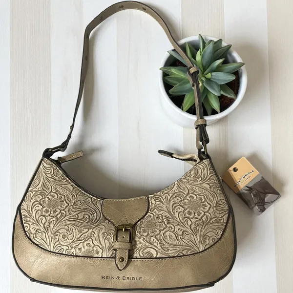 Rein &‎ Bridle Taupe Floral Embossed Faux Leather Shoulder Bag Purse - Image 2