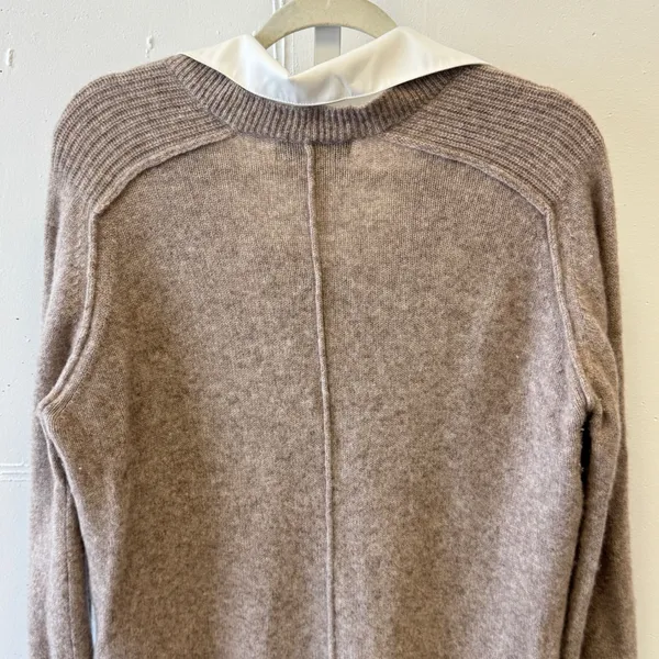 Magaschoni 100% Cashmere Layered Look‎ V-Neck Sweater Taupe White Trim Large - Image 6