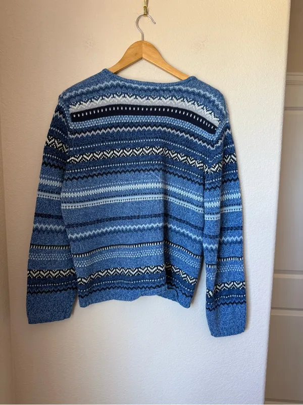 Vintage ERIKA Blue Fair Isle Nordic Zip Cardigan Sweater Ramie Cotton L - Image 2