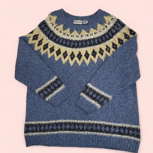 Cute y2k soft wool blend faire isle cozy sweater boucle blue - Image 3