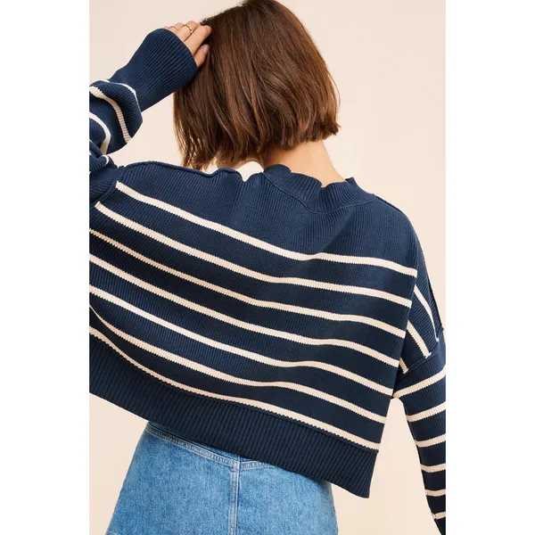 Free People Easy Street Stripe Crop Pullover Size Medium Navy Preppy Coastal - Image 5