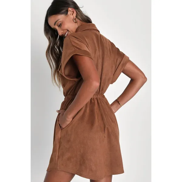 Lulus Always Endearing Brown Suede Mini Dress Stretch with Pockets Women's Small - Image 3