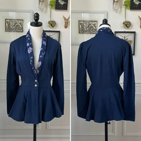 Vintage 80s IN2 Peplum Cardigan Jacket Dark Blue M - Image 2