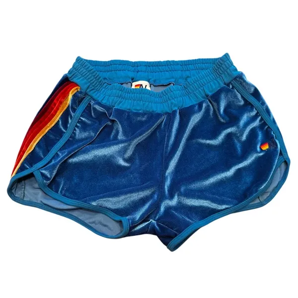 Aviator Nation Velour Retro Dolphin Shorts Blue Rainbow Stripe Made in USA (L) - Image 2